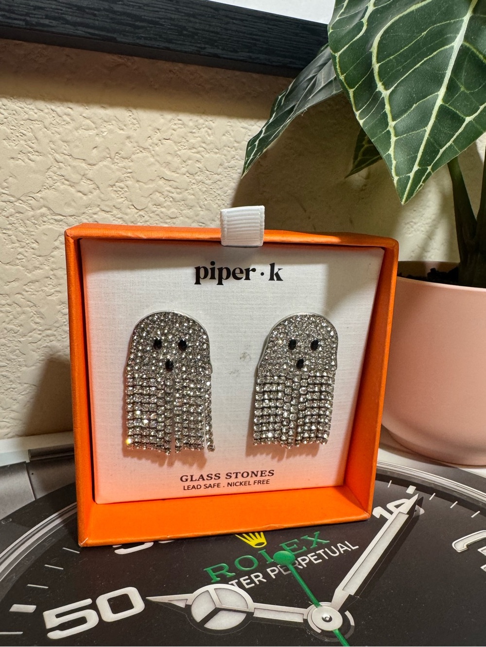 Piper K Rhinestone Ghost Fringe Statement Earrings Halloween NWT